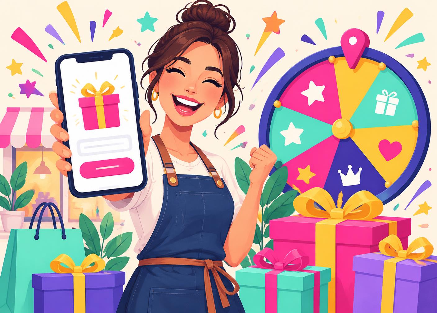 A business owner celebrating a live giveaway with prizes and a prize wheel